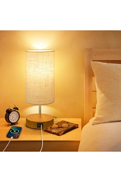STARSTAR Bedside Lamp, Three-level dimmable wooden table lamp with USB A+C ch...