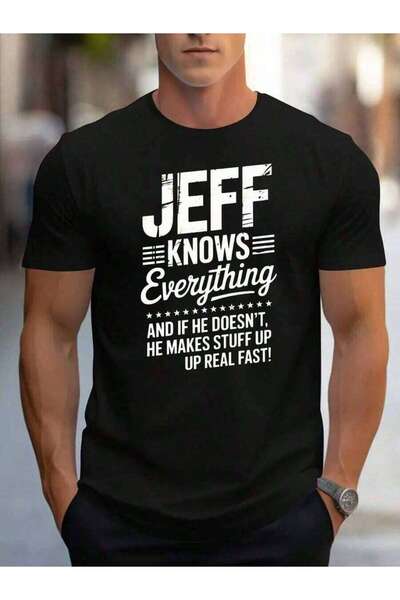 9JY قميص رجالي أسود بأكمام قصيرة مع طباعة JEFF KNOWS Everything للارتداء اليومي