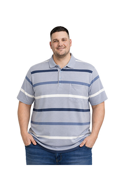 BattalModa Men's Large Size Ice Blue Thin Striped Pique T-Shirt 3Xl-4Xl-5Xl-6Xl