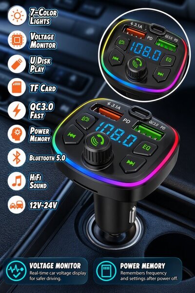 Generic جهاز إرسال FM بلوتوث 5.0 للسيارة مع شاحن USB مزدوج وتقنية PD وQC3.0 و...