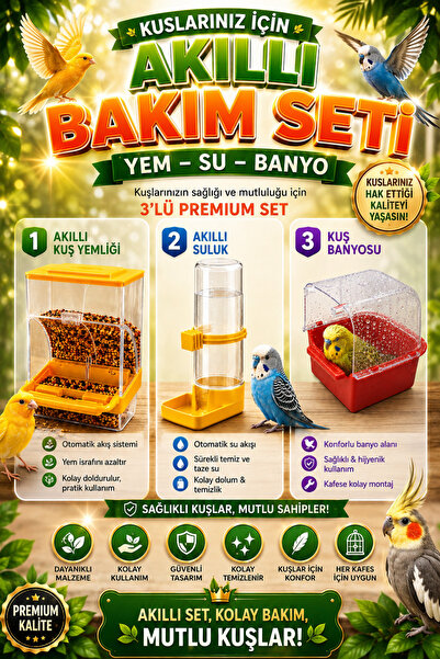 Petshop Akıllı Kuş Yemliği + Akıllı Suluk + Kuş Banyoluğu 3’lü Kuş Bakım Seti...