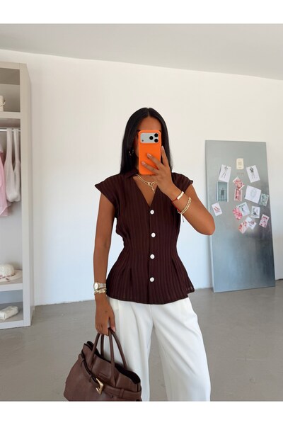 myd V-Neck Buttoned Shirt - Brown