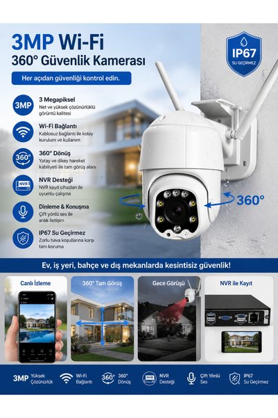 UMSN 3MP WIFI Akıllı Güvenlik Kamerası 360 Derece Dönüş -Dinle/Konuş