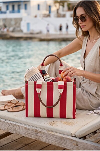 Moda fiesta Red Striped Large Capacity Beach Bag – Fabric Shoulder Bag, Casua...