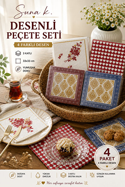 SUNA K . 3 Katlı Desenli Peçete Desenli Seti 33x33 cm 4 Paket Yumuşak Emici S...