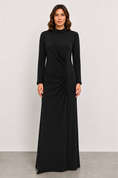 bihan store Women's Dress with Front Ruching and Stone Detail Y26.9254 - Black