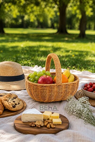 BehaHome Hasır Rattan Mini Oval Piknik Sepeti – El Örgüsü Dekoratif Sunum ve ...