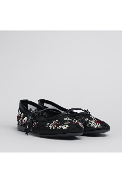 SHOELUKS Flower Embroidered Black Tulle Mary Jane Ballerinas