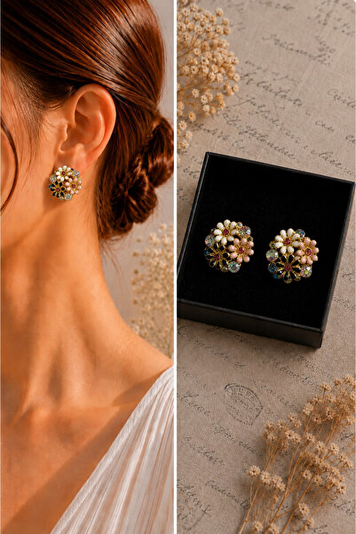 PULİNİN DÜKKANI Elegant Floral Patterned Gold Color Women's Earrings with Sto...