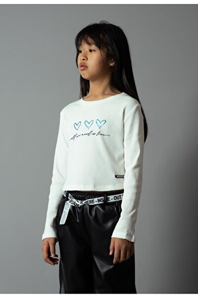 Evita Μπλούζα μακρυμάνικη crop top κορίτσι "Three hearts" λευκή