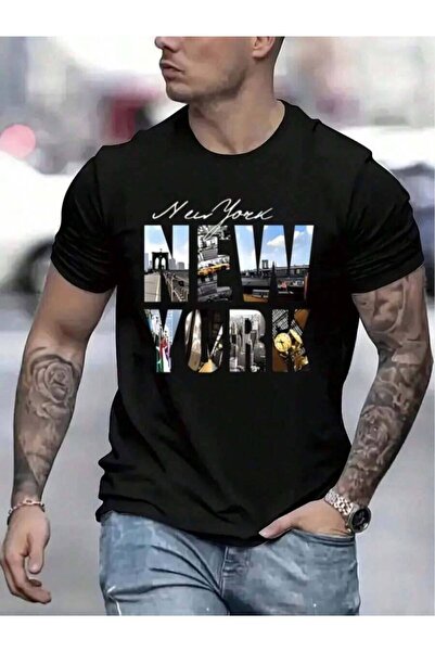 LİNA06 New York Pattern Printed Men's Short Sleeve-Shirt 1 Piece% Cotton - Co...