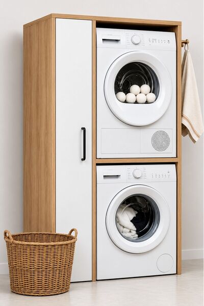 Rudu Noa Çamaşır ve Kurutma Makinesi Dolabı, Banyo Dolabı 92x65x184 cm 1 Kapa...