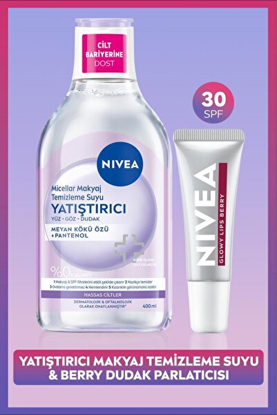 NIVEA Yatıştırıcı Micellar Makyaj Temizleme Suyu 400ml ve Glowy Lips Berry Re...