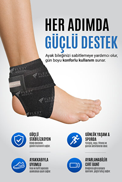 Flexy Medical Ayak Bileği Destek Bandı, Ayarlanabilir Ayak Bilekliği, Elastik Ayak Bileği Bandajı, Sporcu Ayak Bileği Koruyucu, Destekleyici, Sağ Sol Uyumlu, Günlük ve Spor Kullanımı
