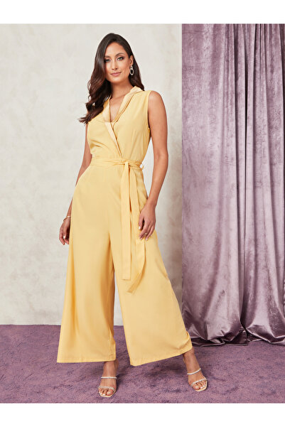 Styli Sleeveless Satin Lapel Wide Leg Smart Jumpsuit with Tie Belt