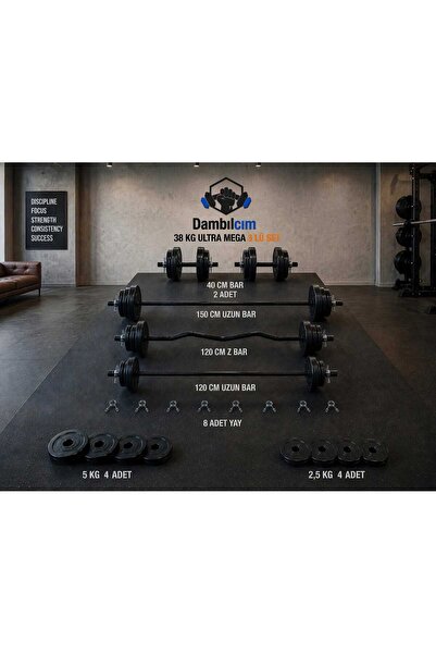 Dambılcım 38 Kg 3 Barlı Ultra Megaset Halter Seti Ve Dambıl Seti, Ağırlık Set...