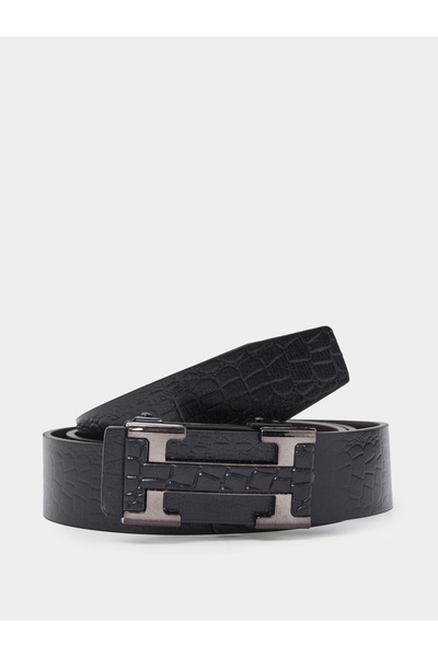 Styli Men Black Croc-Embossed H-Metal Buckle Belt