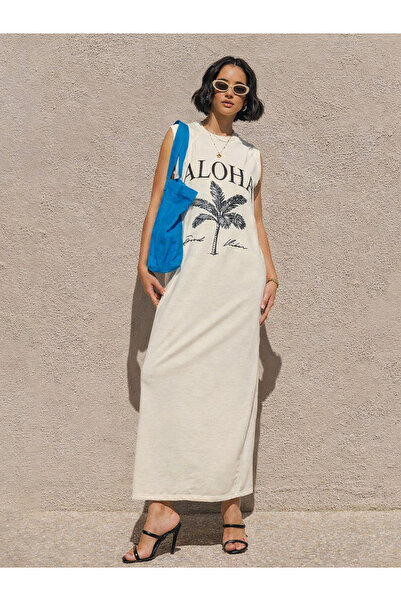 Sassafras By Styli Off-White Printed Sleeveless T-Shirt Maxi Dress