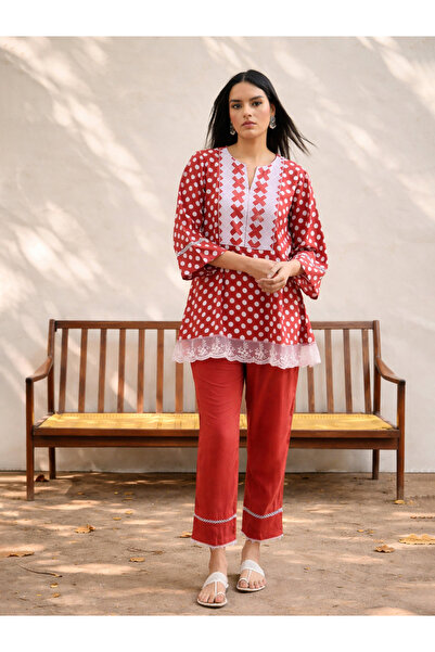 Sassafras By Styli Red Polka Dot Embroidered Short Kurti with Pencil Pants Set