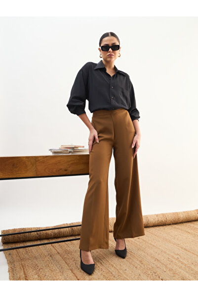 Sassafras By Styli Tan Elasticated Waist Wide Leg Trousers