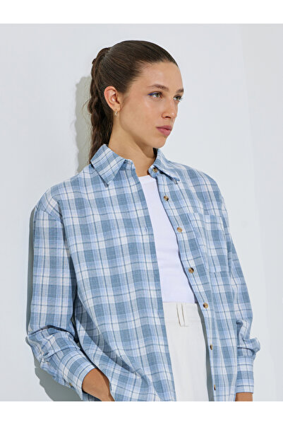Styli Light Blue Longline Plaid Oversized Shirt