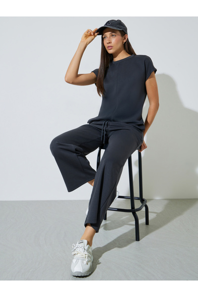 Styli Charcoal Solid Round Neck T-Shirt and Joggers Co-ord Set