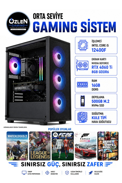 ÖZLEN X64 İ5 12400F RTX 4060 Tİ 8GB 16GB DDR5 RAM 500GB M.2 SSD Üst Seviye Oy...