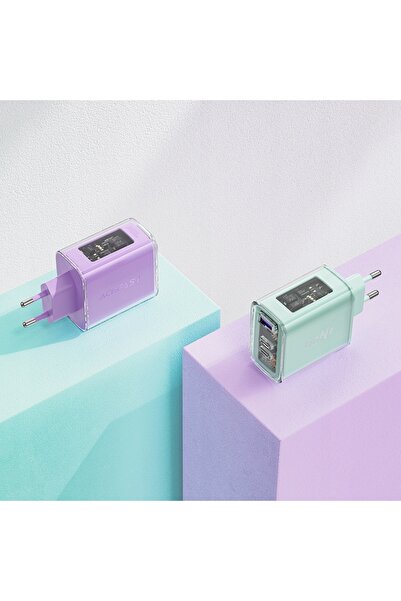 NO BRAND Încărcător de perete GaN de 65W cu 3 porturi (1x USB, 2x USB-C) Roz