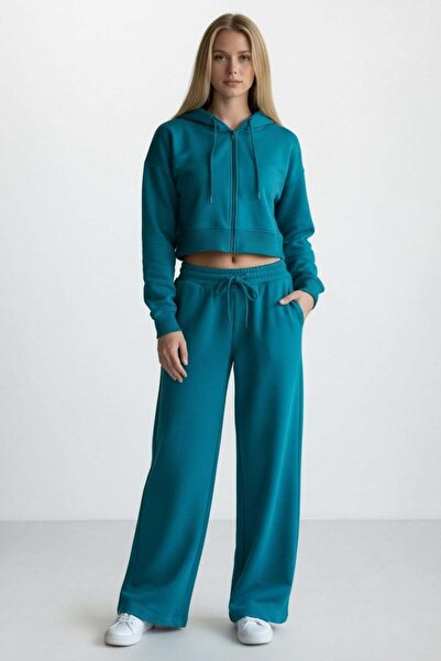 Piyera Women's Mint Two-Thread Relaxed Fit Hooded Zipper Crop Wide Leg Sweatp...