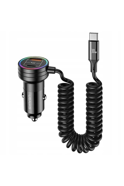 Usams Încărcător auto cu cablu USB-C, US-CC167 60W USB-C USB-A + LED