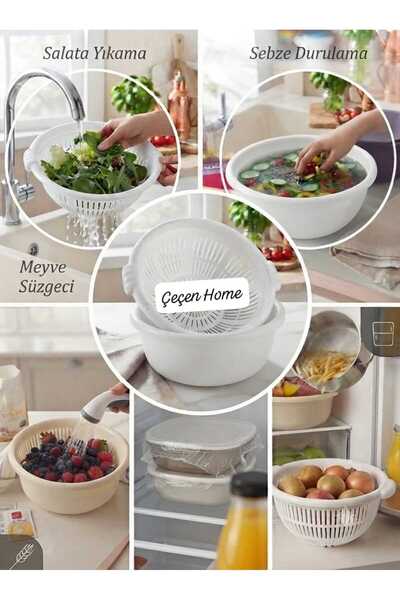 ÇEÇEN HOME 33 cm Wide Multi-Purpose Colander Bowl - Double Layer Perforated V...