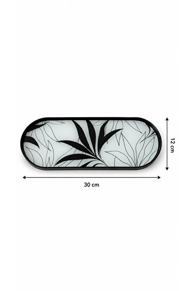 Leila Floral Pattern Black and White Glass Presentation Tray Decorative Coffee and Catering Tray - Tray Black 2 Pieces 12X30 cm
