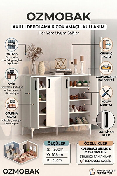 ozmobak Fora Çok Amaçlı Dolap Ayakkabılık 4 Kapaklı Geniş Depolama Konsol Mut...