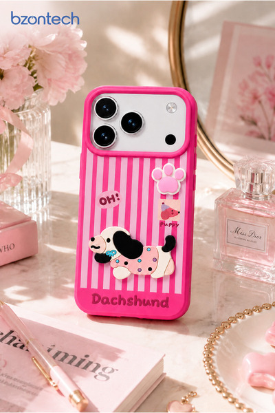 bzontech 3D Dog Figure Striped Silicone Phone Case Compatible with iPhone 17 Pro Max / 18 Pro Max Dachshund