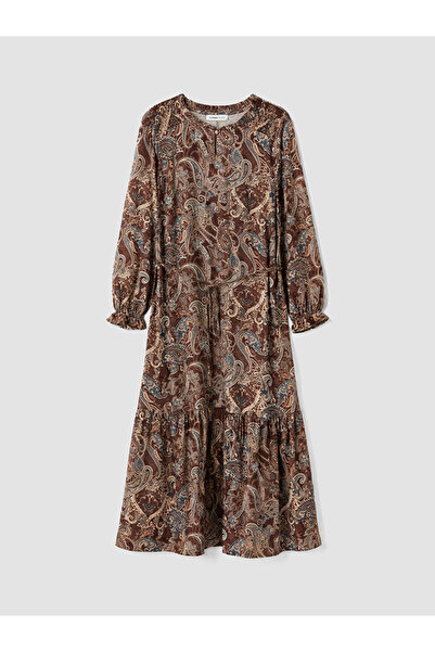 LC Waikiki Brown Crew Neck Patterned Belted Layered Dress
