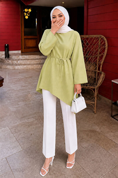 Tesettür Dünyası Tie-Waist Asymmetrical Cut Tunic Tsd260265 Green