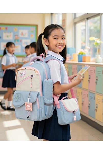 KY A+ Quality Girls Primary School Blue Orthopedic 3-Piece Set with Pen Holde...