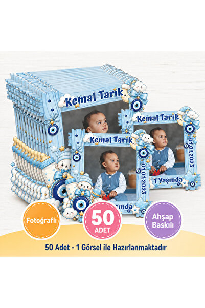 wonderlike 50 Adet Mavi Nazar Boncuklu Ayıcık Temalı Fotoğraflı Ahşap Doğum G...