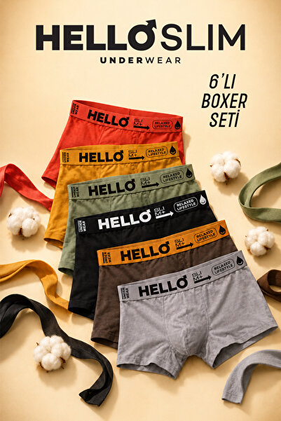 Helloslim Hello Slim Erkek Boxer 6'lı Set Likralı Penye Pamuk Çok Renkli