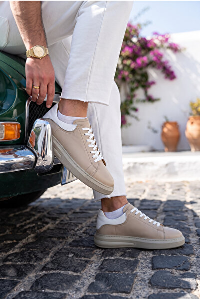 Belluro Men's Beige Genuine Leather White Detailed Lace-Up Casual Sneaker Shoes