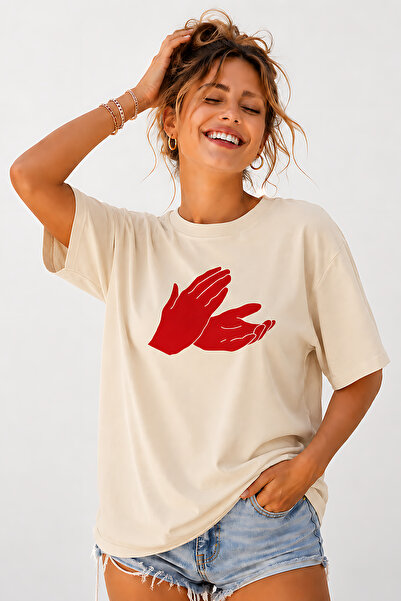 ArtYus Clap Hands Printed Unisex Oversize Beige T-Shirt – Cotton Crew Neck St...