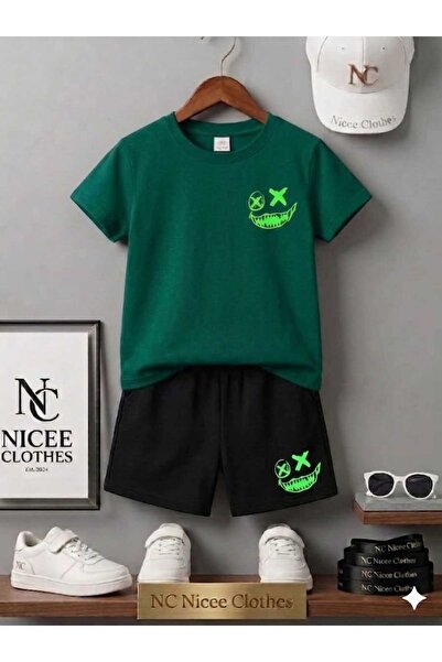 Leto Lykia Summer Children's T-Shirt Shorts Unisex (Green Sulet Printed)