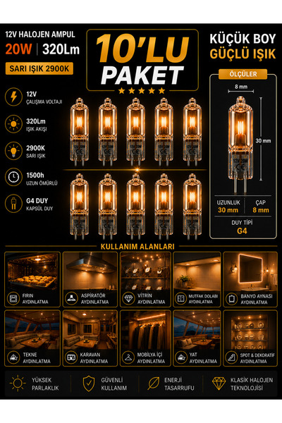 Avarson (10 Adet) Osaka 12Volt 20W Sarı Işık G4 Duylu Dim Edilebilir Halojen ...