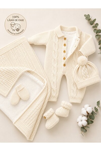 Pure Boutique Set premium pentru bebelusi ivoire din lana de oaie cu combinez...