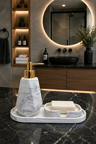 Lyzovi 3 Parça Mermer Desenli Lüks Banyo Seti | Sıvı Sabunluk, Sabunluk, Oval...