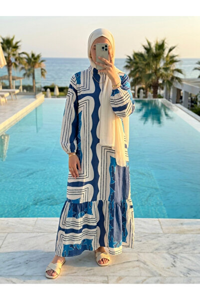 Kirazca Butik Women's Geometric Patterned Viscose Hijab Dress