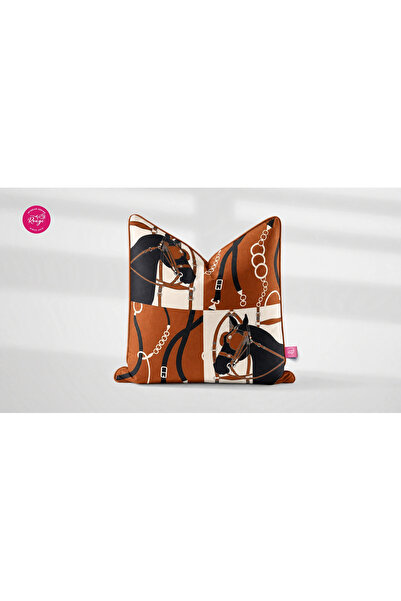 rougi Camel colored decorative pillow with abstract horse pattern on velvet f...