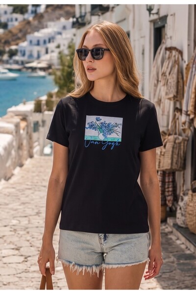 Camenta Women's Black 100% Cotton Van Gogh Printed T-Shirt