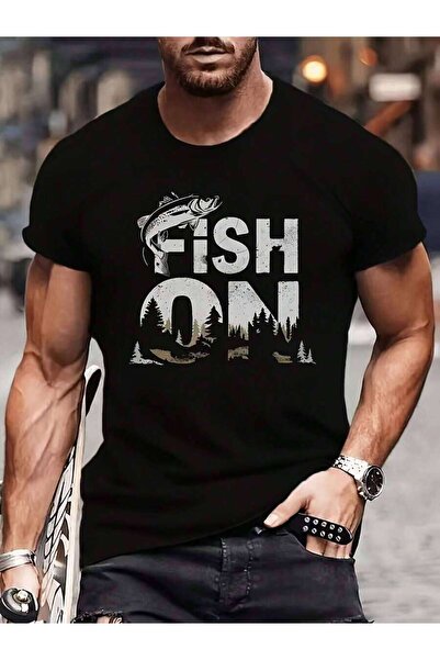 21JNRY قميص رجالي بنمط FISH ON - قميص أسود غير رسمي بأكمام قصيرة، مزيج من الق...