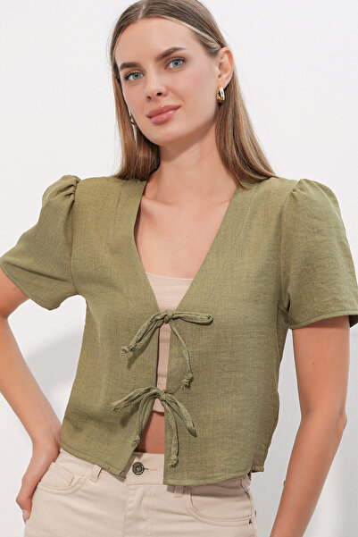 Bigdart Women's Short Sleeve Crop Blouse 958 - Çağla